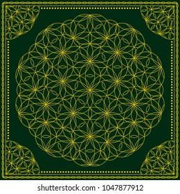 Flower Pattern. Mandala. Circular ornament. Indian, arabic, persian, ottoman style. Design for print on silk neck scarf, kerchief, pillow, bandana, carpet.
