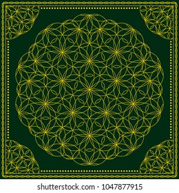 Flower Pattern. Mandala. Circular ornament. Indian, arabic, persian, ottoman style. Design for print on silk neck scarf, kerchief, pillow, bandana, carpet.
