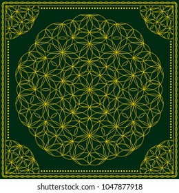 Flower Pattern. Mandala. Circular ornament. Indian, arabic, persian, ottoman style. Design for print on silk neck scarf, kerchief, pillow, bandana, carpet.
