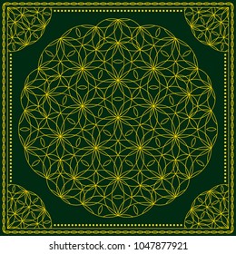 Flower Pattern. Mandala. Circular ornament. Indian, arabic, persian, ottoman style. Design for print on silk neck scarf, kerchief, pillow, bandana, carpet.
