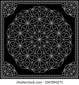 Flower Pattern. Mandala. Circular ornament. Indian, arabic, persian, ottoman style. Design for print on silk neck scarf, kerchief, pillow, bandana, carpet.