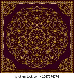 Flower Pattern. Mandala. Circular ornament. Indian, arabic, persian, ottoman style. Design for print on silk neck scarf, kerchief, pillow, bandana, carpet.