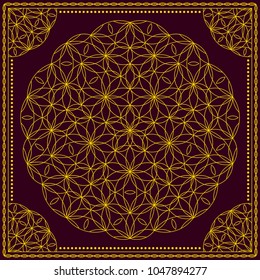 Flower Pattern. Mandala. Circular ornament. Indian, arabic, persian, ottoman style. Design for print on silk neck scarf, kerchief, pillow, bandana, carpet.