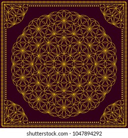 Flower Pattern. Mandala. Circular ornament. Indian, arabic, persian, ottoman style. Design for print on silk neck scarf, kerchief, pillow, bandana, carpet.