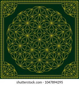 Flower Pattern. Mandala. Circular ornament. Indian, arabic, persian, ottoman style. Design for print on silk neck scarf, kerchief, pillow, bandana, carpet.