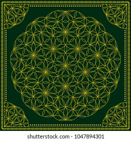 Flower Pattern. Mandala. Circular ornament. Indian, arabic, persian, ottoman style. Design for print on silk neck scarf, kerchief, pillow, bandana, carpet.