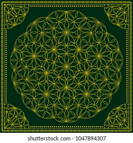 Flower Pattern. Mandala. Circular ornament. Indian, arabic, persian, ottoman style. Design for print on silk neck scarf, kerchief, pillow, bandana, carpet.