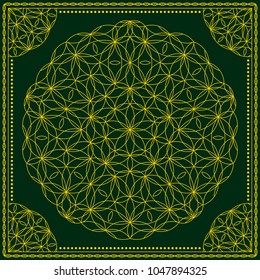 Flower Pattern. Mandala. Circular ornament. Indian, arabic, persian, ottoman style. Design for print on silk neck scarf, kerchief, pillow, bandana, carpet.