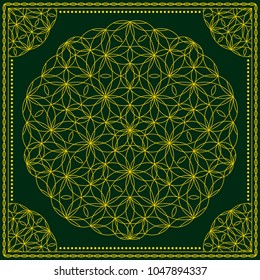 Flower Pattern. Mandala. Circular ornament. Indian, arabic, persian, ottoman style. Design for print on silk neck scarf, kerchief, pillow, bandana, carpet.