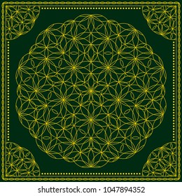 Flower Pattern. Mandala. Circular ornament. Indian, arabic, persian, ottoman style. Design for print on silk neck scarf, kerchief, pillow, bandana, carpet.