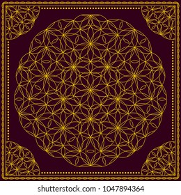 Flower Pattern. Mandala. Circular ornament. Indian, arabic, persian, ottoman style. Design for print on silk neck scarf, kerchief, pillow, bandana, carpet.