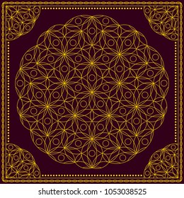 Flower Pattern. Mandala. Circular ornament. Indian, arabic, persian, ottoman style. Design for print on silk neck scarf, kerchief, pillow, bandana, carpet.