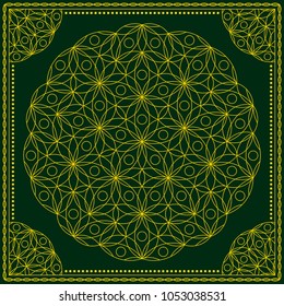 Flower Pattern. Mandala. Circular ornament. Indian, arabic, persian, ottoman style. Design for print on silk neck scarf, kerchief, pillow, bandana, carpet.