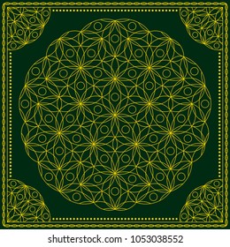 Flower Pattern. Mandala. Circular ornament. Indian, arabic, persian, ottoman style. Design for print on silk neck scarf, kerchief, pillow, bandana, carpet.