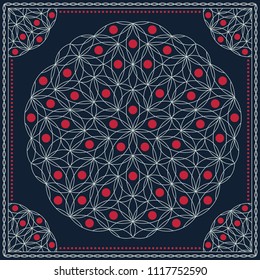 Flower Pattern. Mandala. Circular ornament. Indian, arabic, persian, ottoman style. Design for print on silk neck scarf, kerchief, pillow, bandana, carpet.