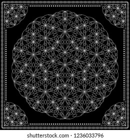 Flower Pattern. Mandala. Circular ornament. Indian, arabic, persian, ottoman style. Design for print on silk neck scarf, kerchief, pillow, bandana, carpet.