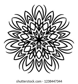 Flower pattern of mandala. Decorative circular element. Minimal vintage floral pattern. Ethnic abstract ornament. Black flower on white background. Vintage snowflake.