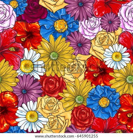 Flower Pattern Many Different Flowers Repeat Stock Vector (Royalty Free ...