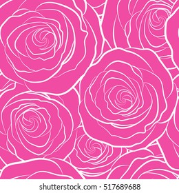 Flower pattern of monochrome rose flowers. Fabric texture pattern with seamless rose flowers silhouette. The floral seamless pattern in pink colors. Vector illustration.