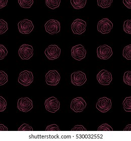 Flower pattern of monochrome rose flowers. Vector illustration. Fabric texture pattern with seamless rose flowers silhouette. The floral seamless pattern in pink colors over black background.