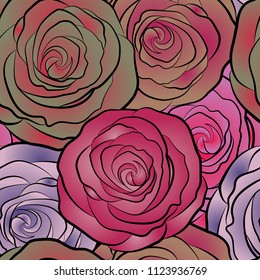 Flower pattern of multicolored rose flowers. The floral seamless pattern in brown, pink and beige colors. Fabric texture pattern with seamless rose flowers. Vector illustration.