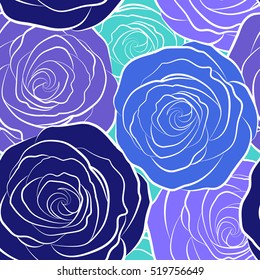Flower pattern of multicolored rose flowers. The floral seamless pattern in blue colors. Vector illustration. Fabric texture pattern with seamless rose flowers.