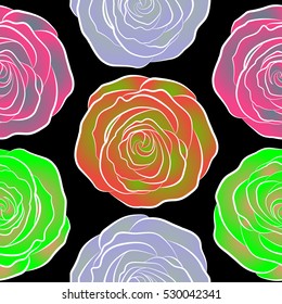 Flower pattern of multicolored rose flowers. The floral seamless pattern in green, neutral and pink colors over black background. Vector illustration. Fabric texture pattern with seamless rose flowers