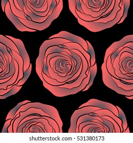 Flower pattern of multicolored rose flowers. Fabric texture pattern with seamless rose flowers. The floral seamless pattern in pink and blue colors over black background. Vector illustration.
