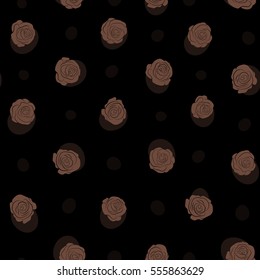 Flower pattern of multicolored rose flowers. The floral seamless pattern in brown colors over black background. Vector illustration. Fabric texture pattern with seamless rose flowers.