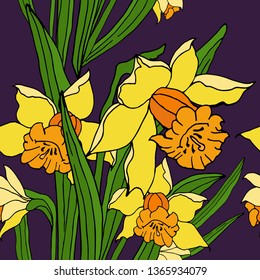 Flower pattern. Narcissus. Violet background. Hand drawn. For wrapping paper, fabric, poster, cover.