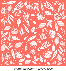 Flower pattern on coral color background. Hand drawn vector illustration.