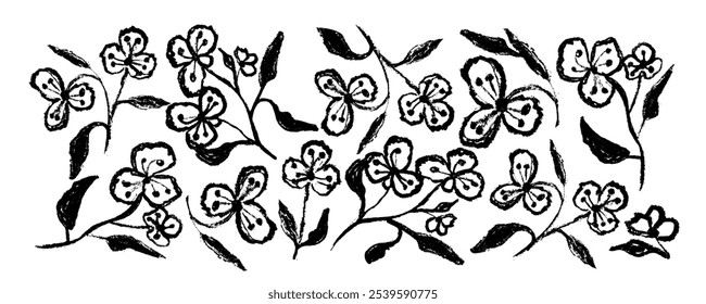 Padrão de flores com desenhos de orquídeas com lápis de cera em estilo doodle. Orquídeas de flores de conjunto vetorial, carvão vegetal desenhado à mão . Cliparts botânicos artísticos monocromáticos.