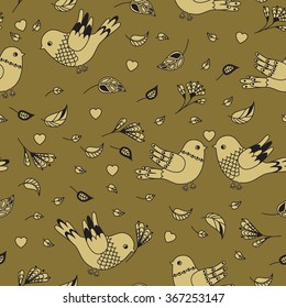 Flower pattern. Pair of birds in the garden. Botanical seamless texture, for Valentine's Day, wedding, scrapbook, surface textures, gift wrapping paper. EPS10 vector illustration.