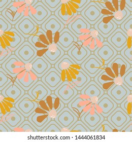 Flower pattern in pastel colors on geometric line style grid background.