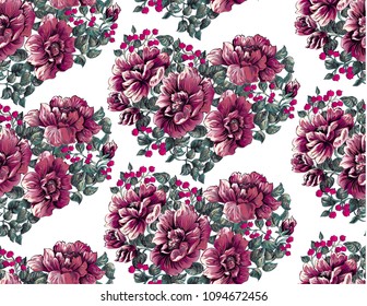 Flower pattern with peony hearts on white background