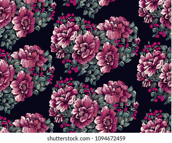 Flower pattern with peony hearts on black background
