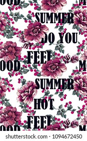 Flower pattern with peony with red berries and summer text, slogan on white background