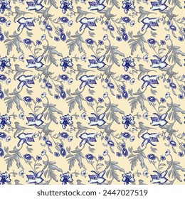 Flower pattern print new art cotton fabrics print textile designs, blue flower with grey leaf and cream color background,seamless Ajrakh Pattern,Abstract desing