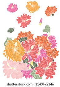 flower pattern for print.Hibiscus flower spring season vector illustration background.Poster design Hibiscus flower for printing on paper.Beautiful line art blossom isolate background.