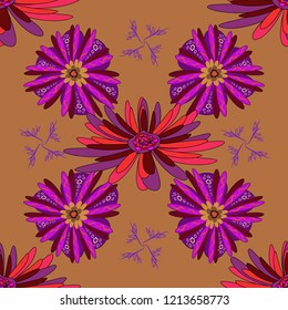 Flower pattern for printing or fabric. Small floral pattern in brown, red and purple colors. Vector floral illustration and floral seamless texture. Spring flowers seamless pattern.