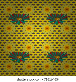 Flower pattern for printing or fabric. Small floral pattern in yellow, blue and purple colors. Spring flowers seamless pattern. Vector floral illustration and floral seamless texture.