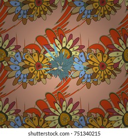 Flower pattern for printing or fabric. Small floral pattern in orange, beige and yellow colors. Spring flowers seamless pattern. Vector floral illustration and floral seamless texture.