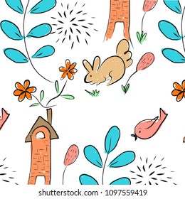 Flower pattern and rabbit Abstract theme that cartoon style.