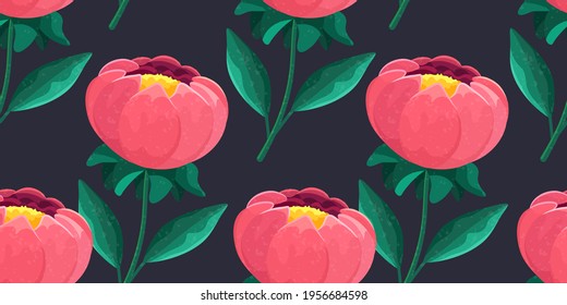 Patrón de flores. Ojo rojo para tela. Una planta florida con grandes hojas verdes y una gran flor rosa. Ilustración botánica de patrón vectorial.
