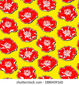 Flower pattern red poppy floral seamless yellow colorful background