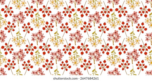 Flower pattern with red and yellow flowers. The flowers are in a row and are in different sizes