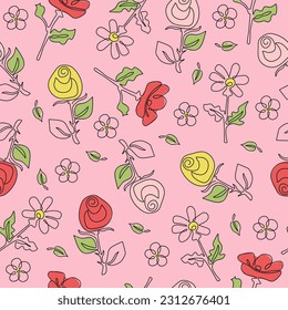 Flower pattern Rose, Poppy, Chamomile. Flower line art. outline drawing, sketch. Seamless pattern. Collection vegetable, floral, abstract. Vector illustration on isolated background.