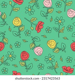 Flower pattern Rose, Poppy, Chamomile. Flower line art, outline drawing, sketch. Seamless pattern. Collection vegetable, floral, abstract. Vector illustration on isolated background.