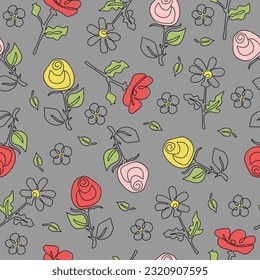 Motivo de flores Rose, Poppy, Chamomile. Dibujo de líneas de flor. dibujo de contorno, esbozo. Patrón sin foco. Vegetales de colección, florales, abstractas. Ilustración vectorial en el fondo aislado.