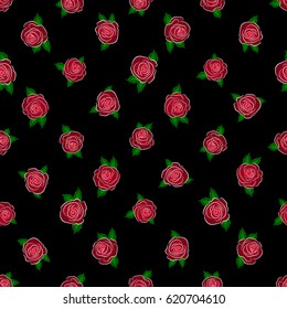 Flower pattern with roses. Hand drawn red roses pattern on a black background. Vintage flower seamless pattern. Vector floral sketch.